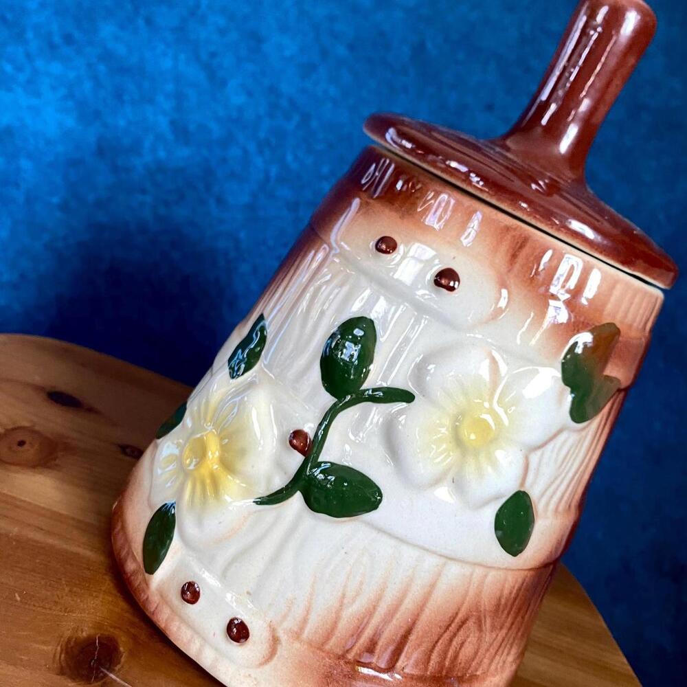 Vintage American Bisque Pottery Butter Churn Cookie Jar With Flowers 10" Tall